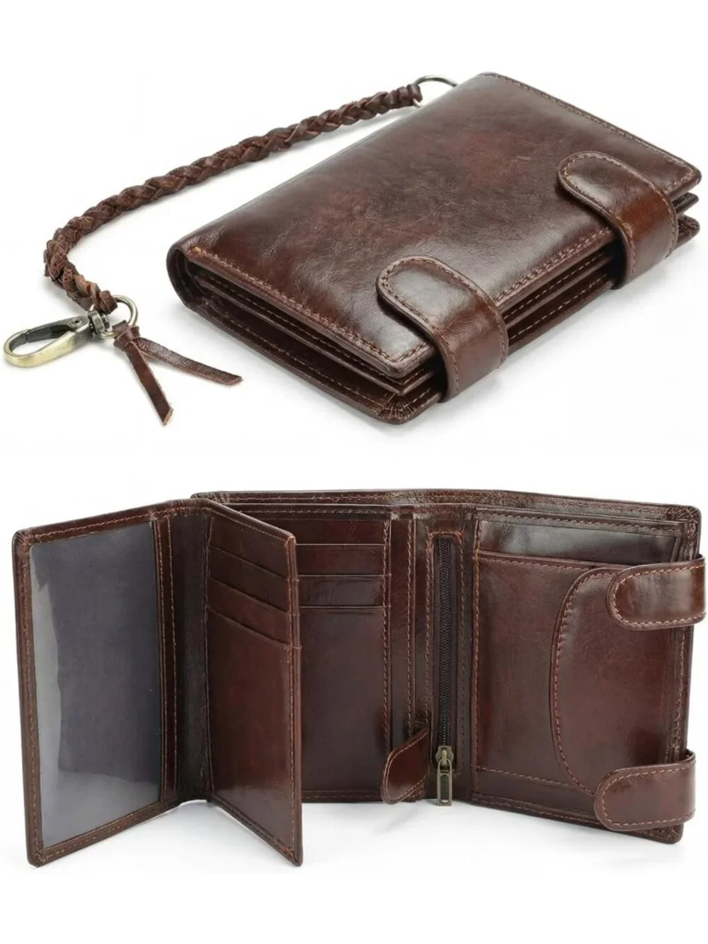 Men's RFID Blocking Leather Trifold Wallet - Coffee Color, 15 Card Slots, Coin
